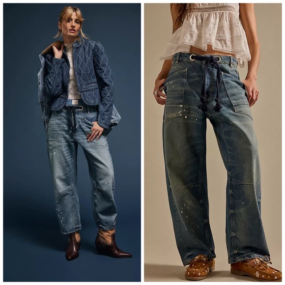 Free People Denim - Free People We The Free Moxie Pull On Barrel Jeans Paint Splatter Blue Size 28